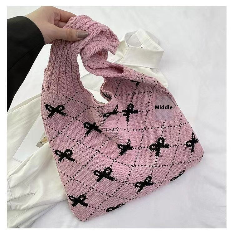 Bow High Sense Light Luxury Minority Shoulder Bag Casual Knitted Woven Bag